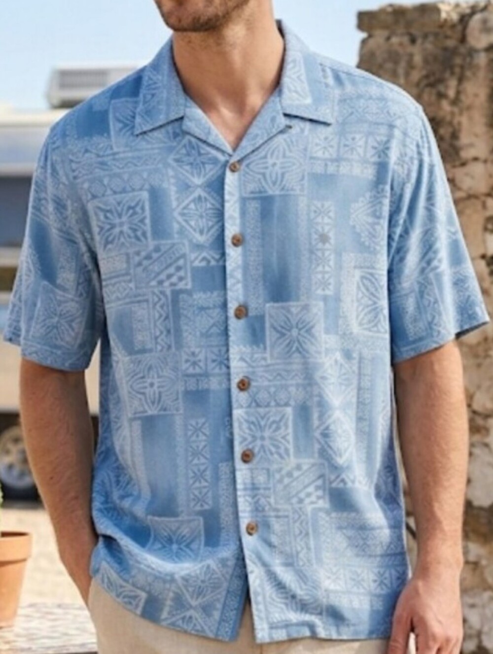 Blue Vintage-Inspired Short Sleeve Button-Down Camp Shirt
